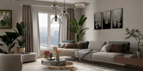 Modern living room with elegant furniture arrangement showcasing a neutral color palette and plants, featuring a 3D interior design visualization using Homestyler's real-time 3D rendering.