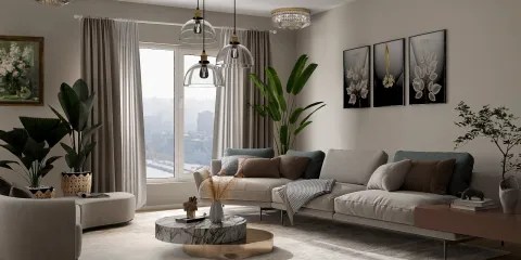 Living room with modern sofas and decorative plants showcasing stylish interior decor, designed using Homestyler's real-time 3D rendering feature for fast renovation previews.