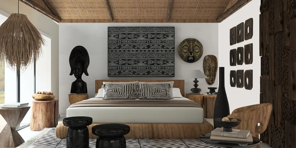 Bedroom with wooden bed arrangement featuring black tribal art, designed in a Bohemian style, showcasing the use of Homestyler's real-time 3D rendering for design proposal previews.