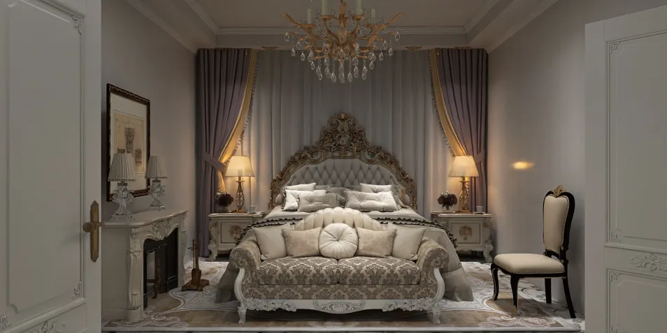 luxurious bedroom design featuring an ornate bed and elegant decor, showcasing interior design with classic style, designed using Homestyler's real-time 3D rendering feature.