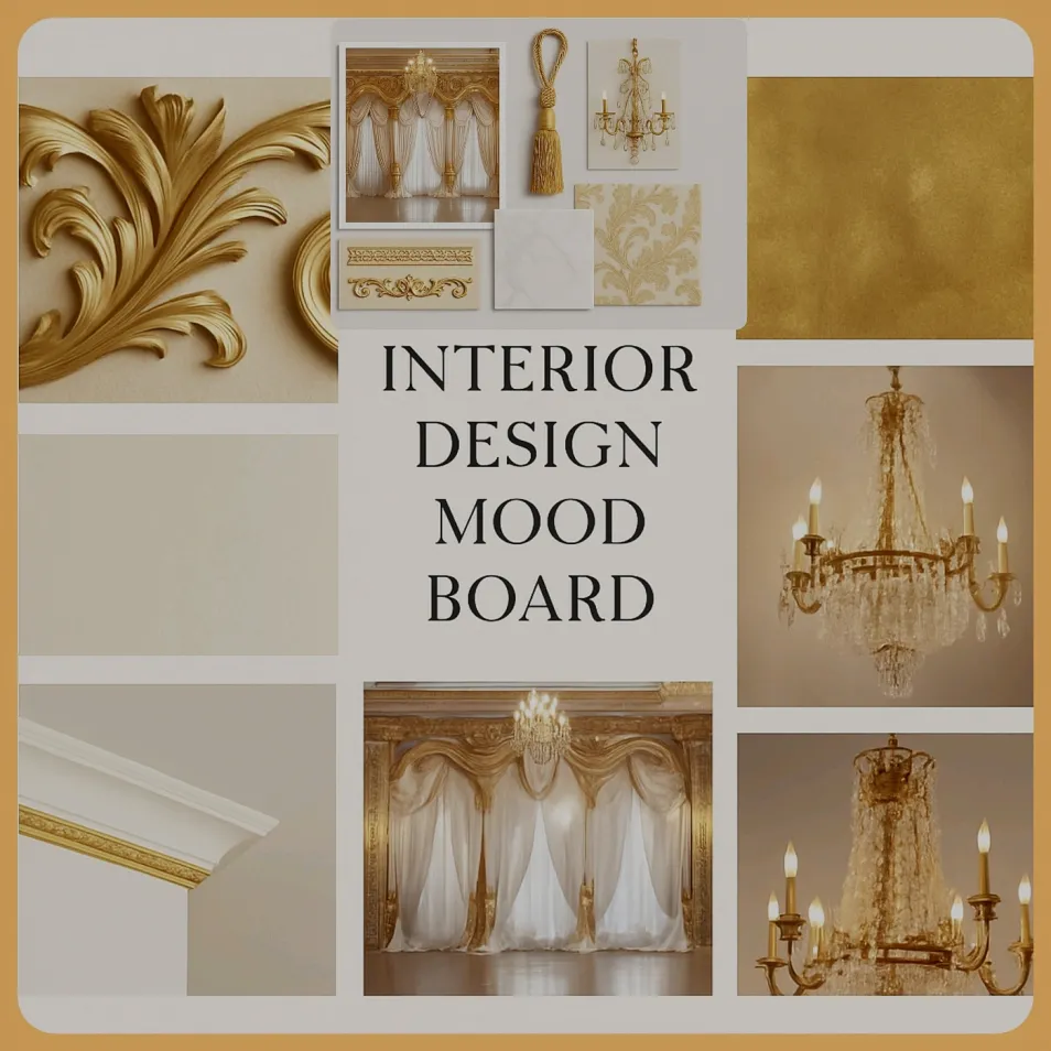 mood board featuring luxurious decorative elements and textures for interior design inspiration, showcasing elegant details for high-end living spaces, utilizing Homestyler's smart furniture arrangement tool.