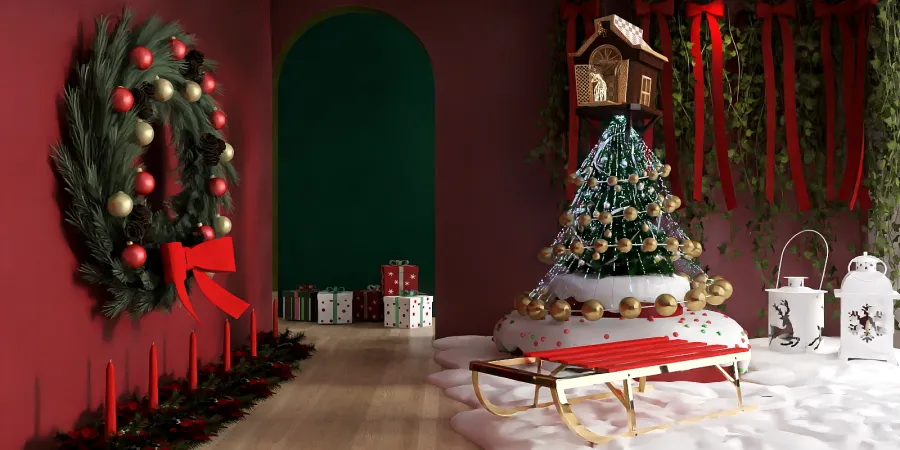 a christmas tree in a room with a christmas tree 