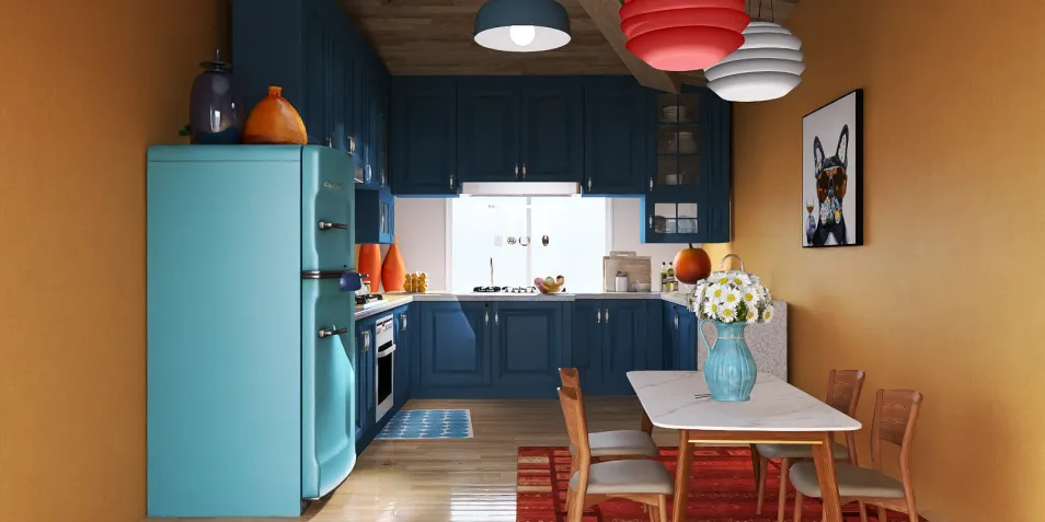 colorful kitchen with blue cabinets and vintage appliances, incorporating vibrant decor elements, showcasing a cozy dining space, featuring Homestyler's real-time 3D rendering capability