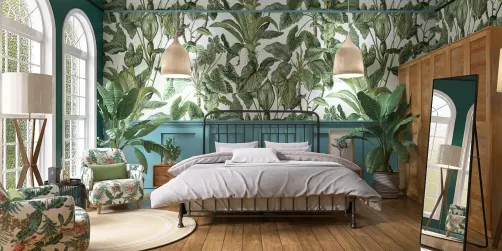 Tropical bedroom interior💚😌🌿