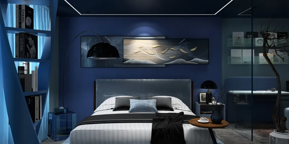 modern bedroom design with a blue accent wall featuring a scenic artwork, showcasing an elegant bed arrangement and stylish furniture placements, utilizing Homestyler's real-time 3D rendering feature for a realistic preview.