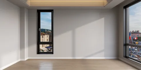 empty room with large windows showcasing natural light, designed for a modern aesthetic, emphasizes the value of interior space optimization using Homestyler's real-time 3D rendering feature.