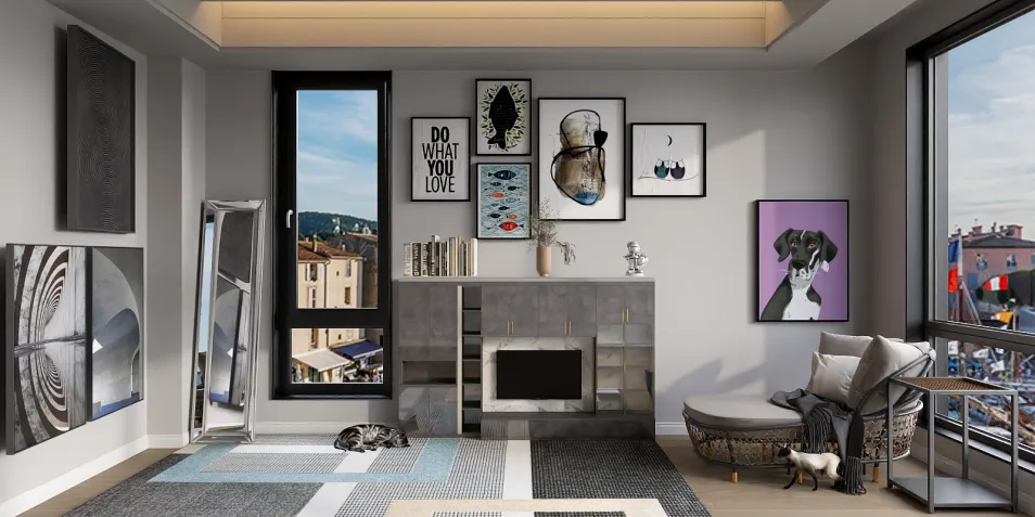 modern living room featuring art displays and unique decor, showcasing interior design with smart furniture arrangement using Homestyler's real-time 3D rendering functionality