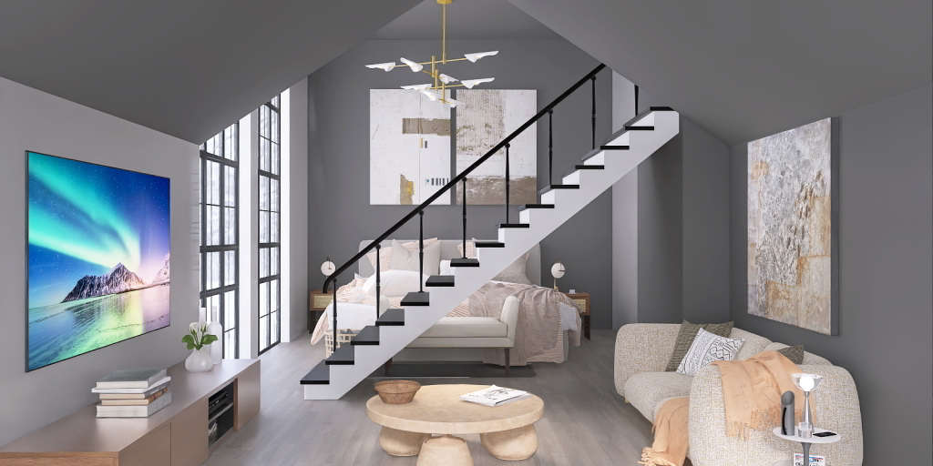 a living room with a large mirror and a large staircase 