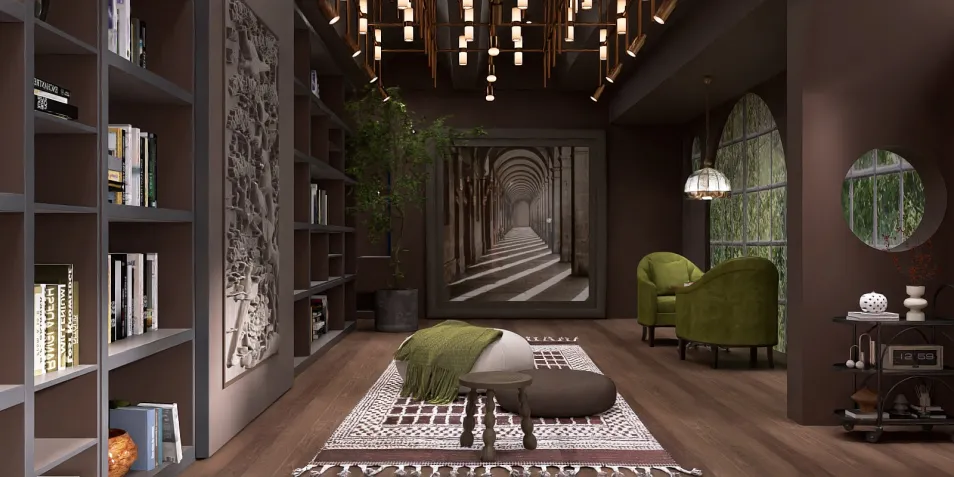 cozy reading nook featuring a modern bookshelf and soft seating arrangement with deep green accents, designed for creating a warm atmosphere in a residential space using Homestyler's real-time 3D rendering feature.