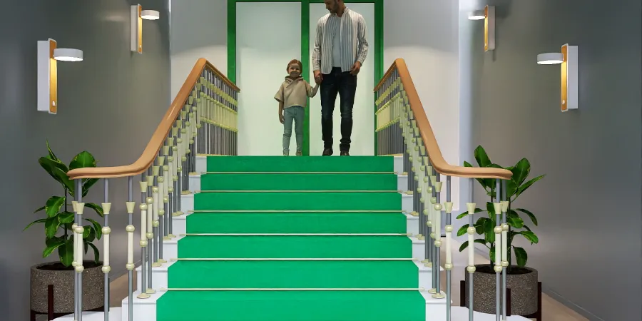 a hallway with a row of stairs leading to a hallway with a staircase leading to a hallway with