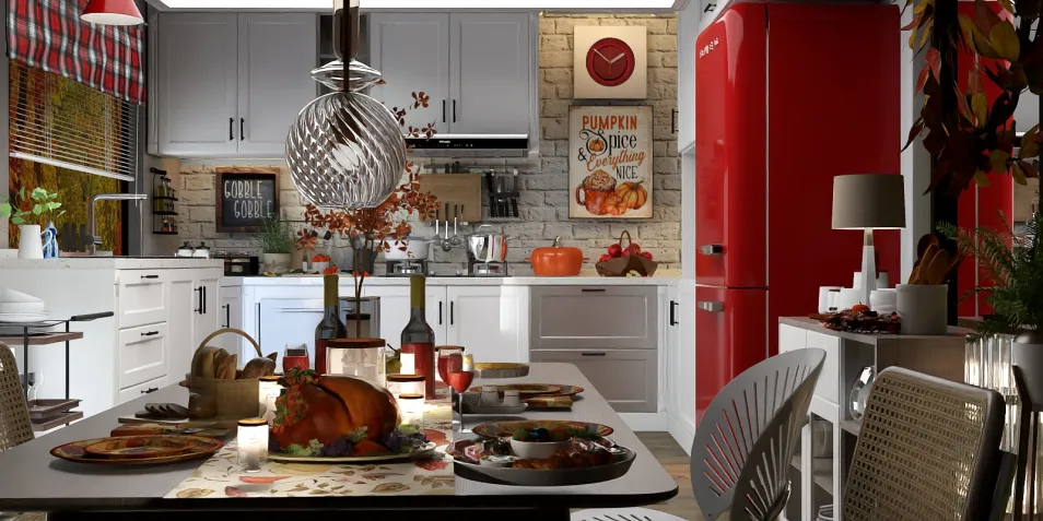 modern kitchen with a festive dining setup featuring a turkey, wine, and seasonal decor in a cozy autumn style, showcasing Homestyler's real-time 3D rendering for design visualization.