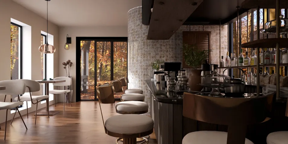 modern kitchen seating arrangement creating a cozy atmosphere in a contemporary home, featuring Homestyler's real-time 3D rendering for accurate design previews.