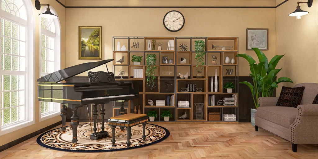 a living room with a piano and a bookcase 
