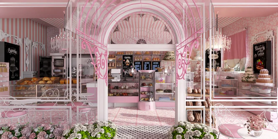 A pastel pink bakery showcasing delicious pastries and cakes in a charming design, featuring a vintage style with elegant details, utilizing Homestyler's real-time 3D rendering for a stunning visual presentation.