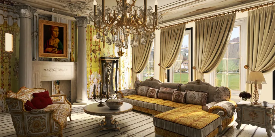 luxurious living room featuring a grand chandelier and ornate curtains, designed with a classic style, showcasing interior decor elements optimized using Homestyler's real-time 3D rendering feature.