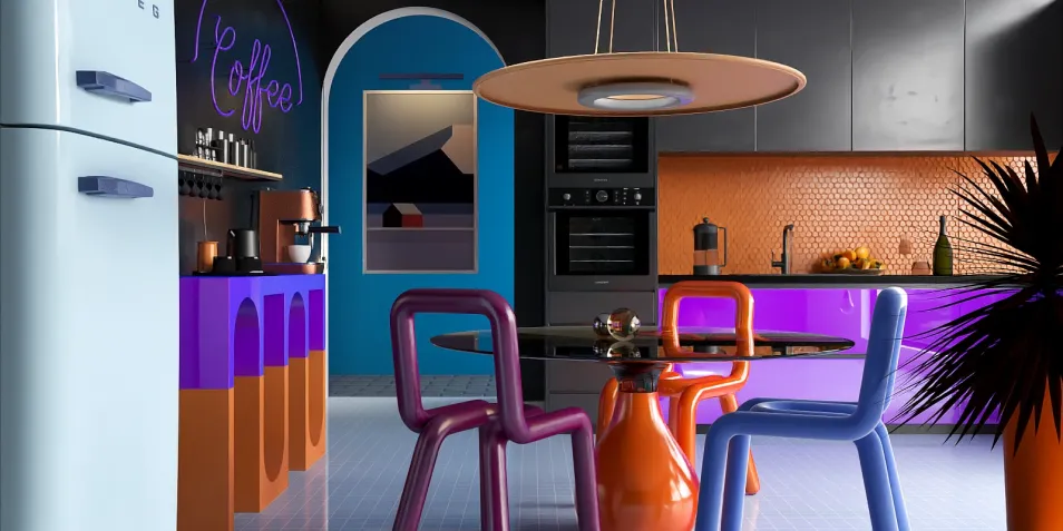 colorful kitchen design showcasing vibrant furniture arrangement in a modern style using Homestyler's real-time 3D rendering feature to visualize space.