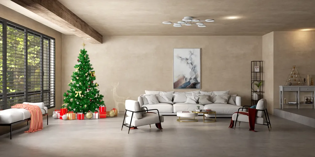 a living room with a christmas tree and a fire place 