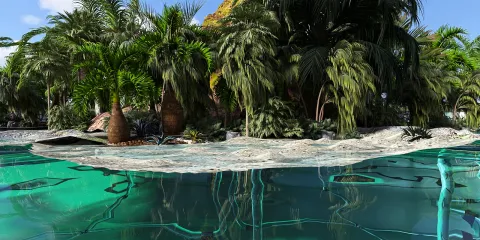 tropical landscape with lush palm trees and water reflection in a vibrant resort style, featuring a 3D rendering of an outdoor space using Homestyler's real-time 3D rendering for immersive design exploration.