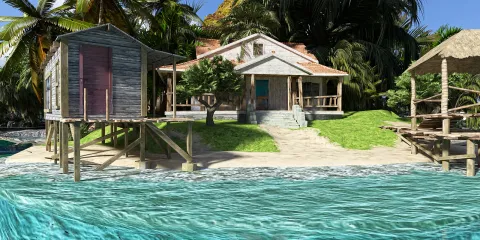 tropical house on stilts overlooking turquoise water, enhanced with vibrant greenery, showcasing a coastal living style, designed using Homestyler's real-time 3D rendering feature.