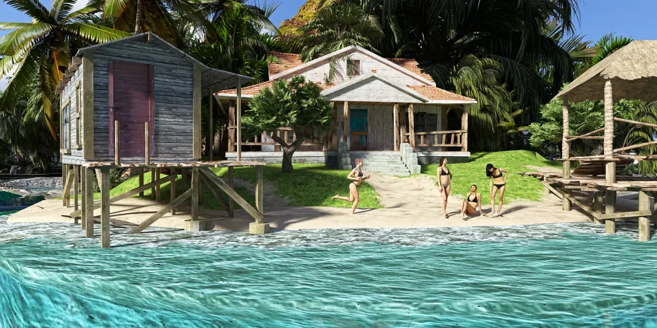 beach house exterior design showcasing a tropical style with wooden structures and greenery, ideal for coastal living; featuring Homestyler's real-time 3D rendering for design visualization.