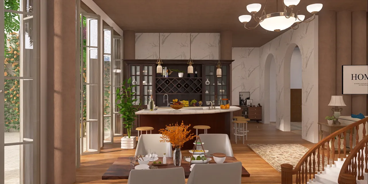 a kitchen with a table and chairs and a large window 