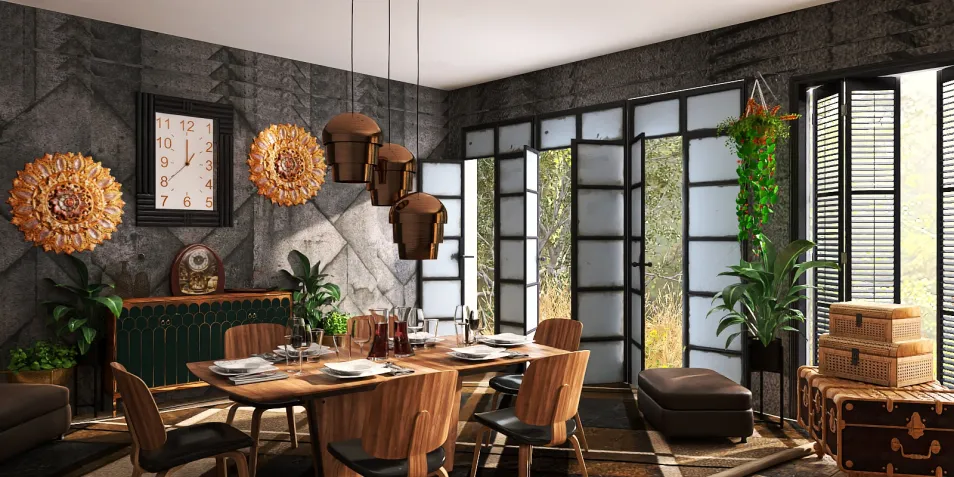 dining room with wooden table and chairs featuring pendant lights, modern rustic style, interior design showcasing a cozy aesthetic with greenery accents, utilizing Homestyler's real-time 3D rendering feature.