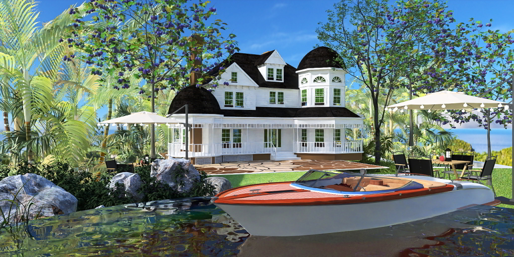 a house with a boat and a boat house 