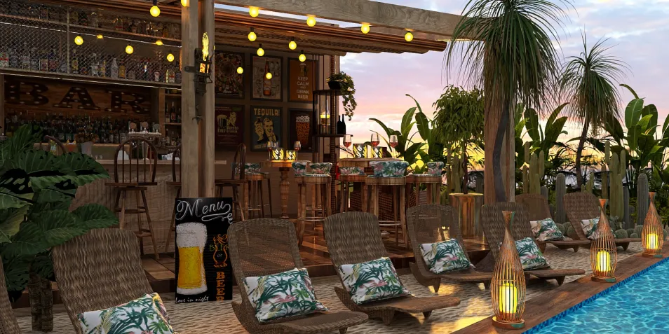 outdoor bar with seating arrangements surrounded by tropical plants featuring a poolside ambiance, showcasing interior decor elements for a vibrant outdoor setting, utilizing Homestyler's real-time 3D rendering for accurate design visualization.