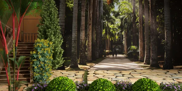 lush greenery with a pathway surrounded by palm trees featuring tropical landscape design style creating a serene outdoor space, leveraging Homestyler's real-time 3D rendering for immersive previews.