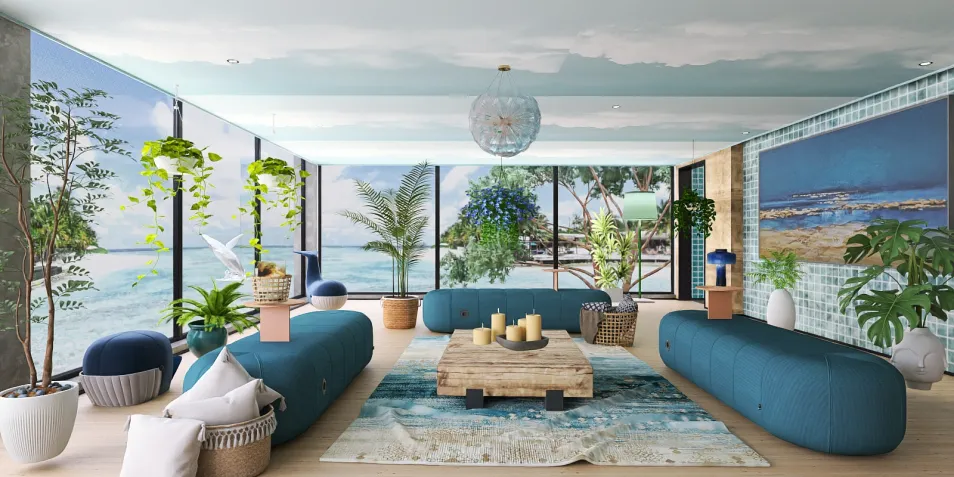 open living room featuring turquoise sofas with decorative pillows and a wooden coffee table surrounded by indoor plants, showcasing a tropical beach mural, designed using Homestyler's intelligent furniture arrangement for optimal space planning.