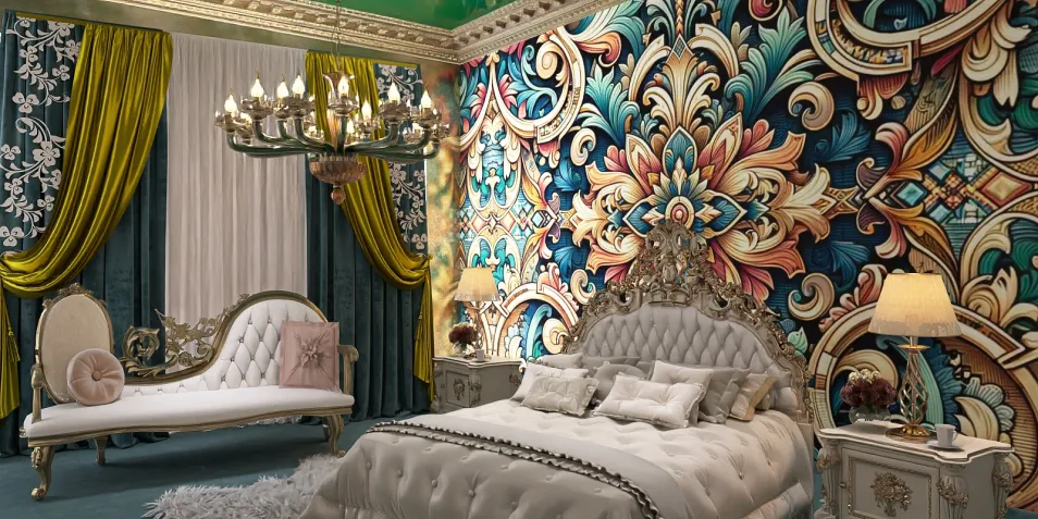 luxurious bedroom design featuring a grand bed and ornate wallpaper with intricate patterns, showcasing vintage elegance and rich colors, enhanced by real-time 3D rendering functionality from Homestyler.
