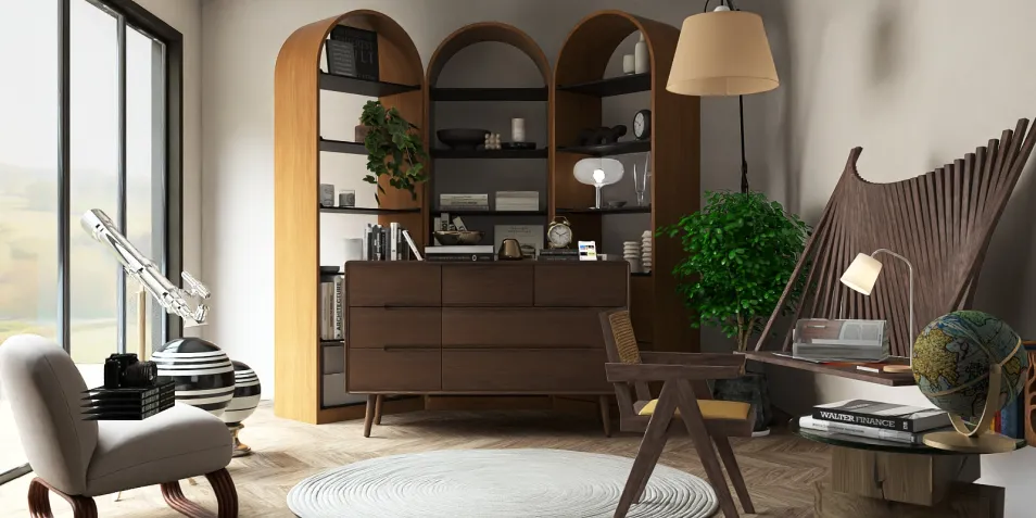 modern furniture arrangement showcasing a stylish bookshelf and desk in a cozy office space, enhancing interior decor with Homestyler's real-time 3D rendering feature