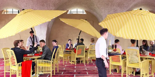 Outdoor Dining, Red and Yellow Wolverine Colors