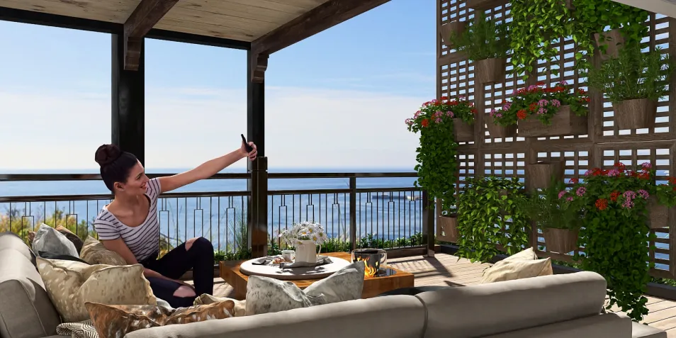 outdoor living space featuring a woman taking a selfie in a modern pergola design with lush greenery, showcasing a cozy lounge area with comfortable seating, highlighting Homestyler's real-time 3D rendering feature for home decor visualization.
