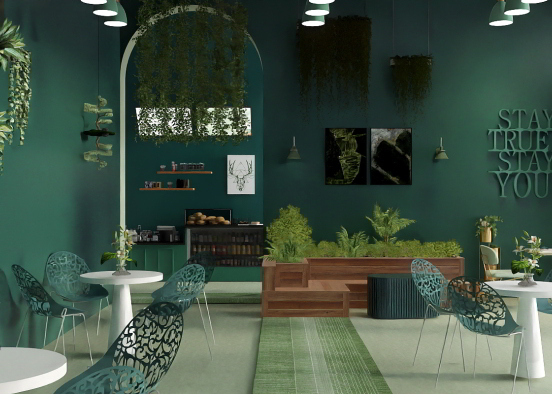 A green cafe full of various vegetation. Design Rendering