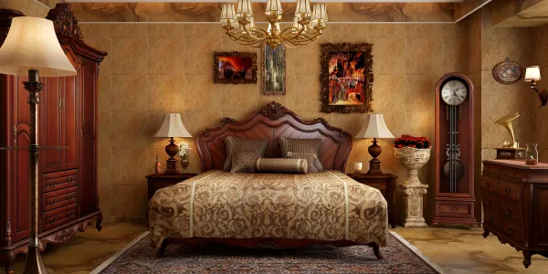 luxurious bedroom featuring a wooden bed and antique furniture arranged in a classic style, highlighting timeless elegance and comfort, using Homestyler's real-time 3D rendering functionality