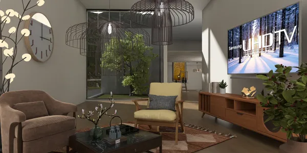 living room featuring a cozy armchair and a stylish yellow chair arranged thoughtfully with a contemporary design, enhancing space utilization with Homestyler's smart furniture placement feature.