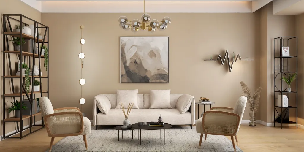 a living room with a couch, table, and a painting 