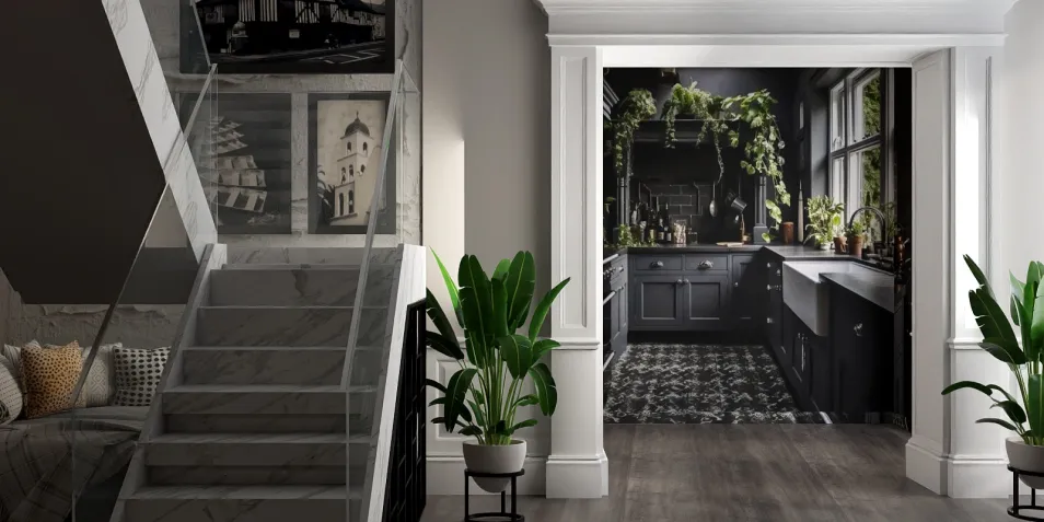 Kitchen interior featuring dark cabinetry and lush green plants, showcasing modern design elements and a cozy atmosphere, utilizing Homestyler's real-time 3D rendering for design preview.