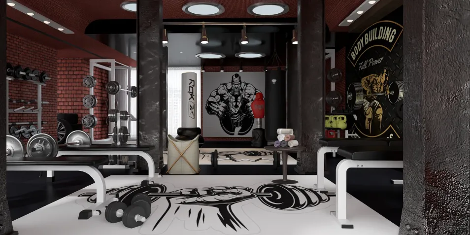modern gym interior design showcasing weightlifting area with stylish equipment, focusing on fitness space optimization using Homestyler's real-time 3D rendering feature.