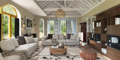 spacious living room featuring modern furniture arrangement with a cozy feel and natural materials enhancing the space's value; includes an interior design element focusing on comfort and style using Homestyler's real-time 3D rendering feature.