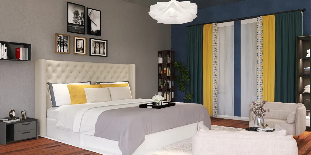 a bedroom with a bed, a lamp, and a wall mounted wall mounted wall mounted wall mounted
