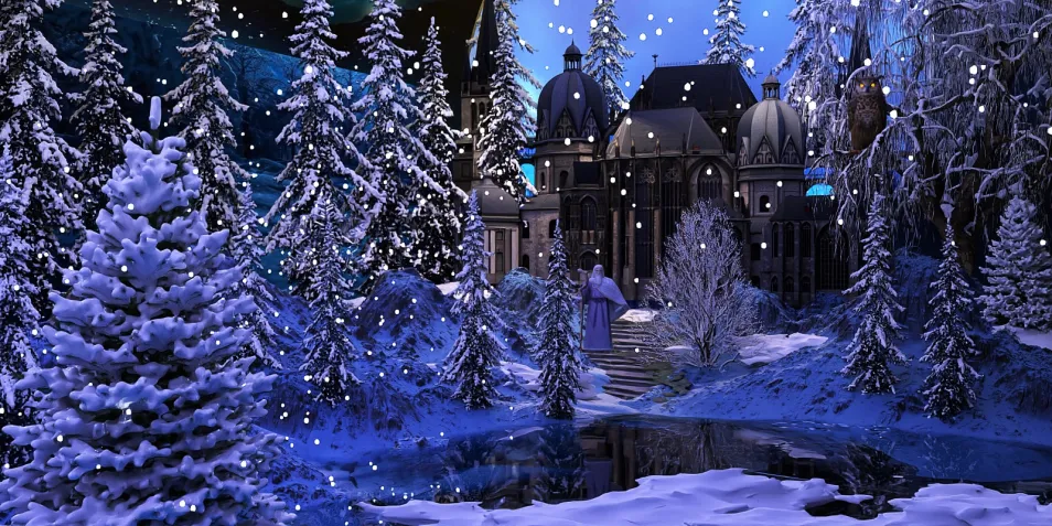 a winter landscape featuring a grand mansion surrounded by snow-covered trees, capturing the essence of a snowy night in an enchanting style, ideal for showcasing a winter-themed interior decor concept using Homestyler's real-time 3D rendering functionality.