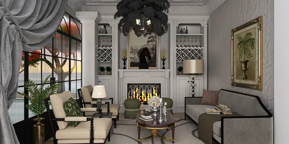 luxurious living room design featuring elegant furniture arrangement in a modern classic style, showcasing interior decor aspects with Homestyler's real-time 3D rendering capability.