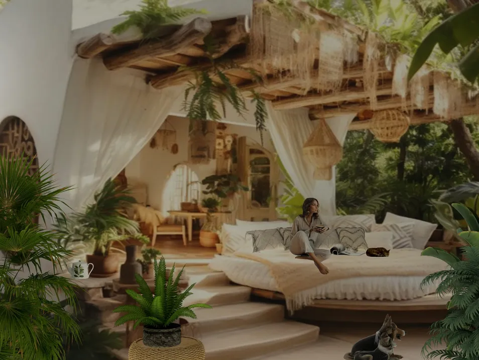 Sleek seating arrangement with a cozy bed design in a bohemian style, blending indoor plants for a serene atmosphere, utilizing Homestyler's real-time 3D rendering feature.