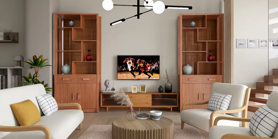 Modern living room featuring warm wooden cabinetry and a cozy seating arrangement, showcasing interior design with practical furniture placement, utilizing Homestyler's real-time 3D rendering for design proposal display.