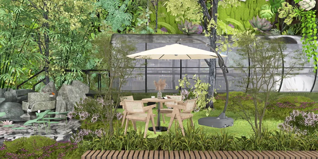 a garden area with a table and a flower garden 