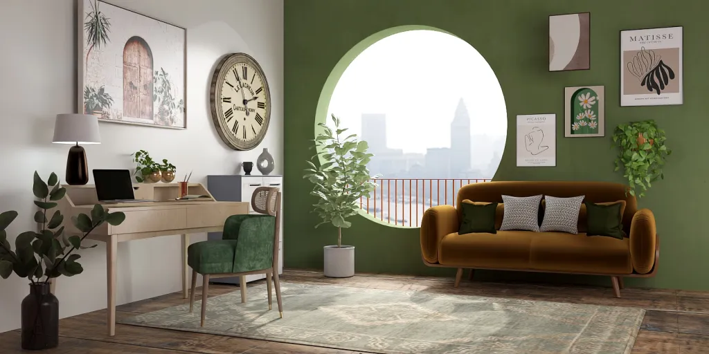 a living room with a clock on the wall 
