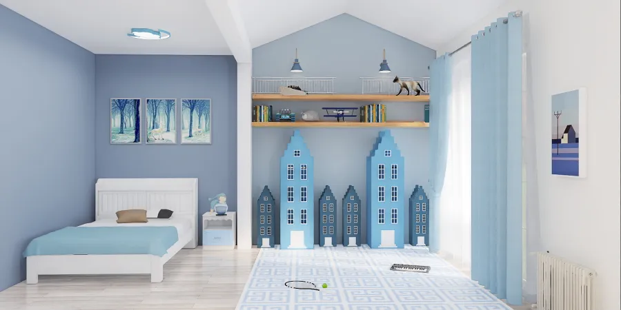 a bedroom with a blue wall and blue walls 
