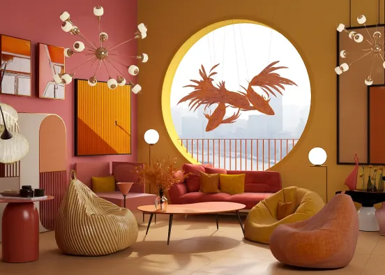 Orange and Yellow Living Room Design Rendering